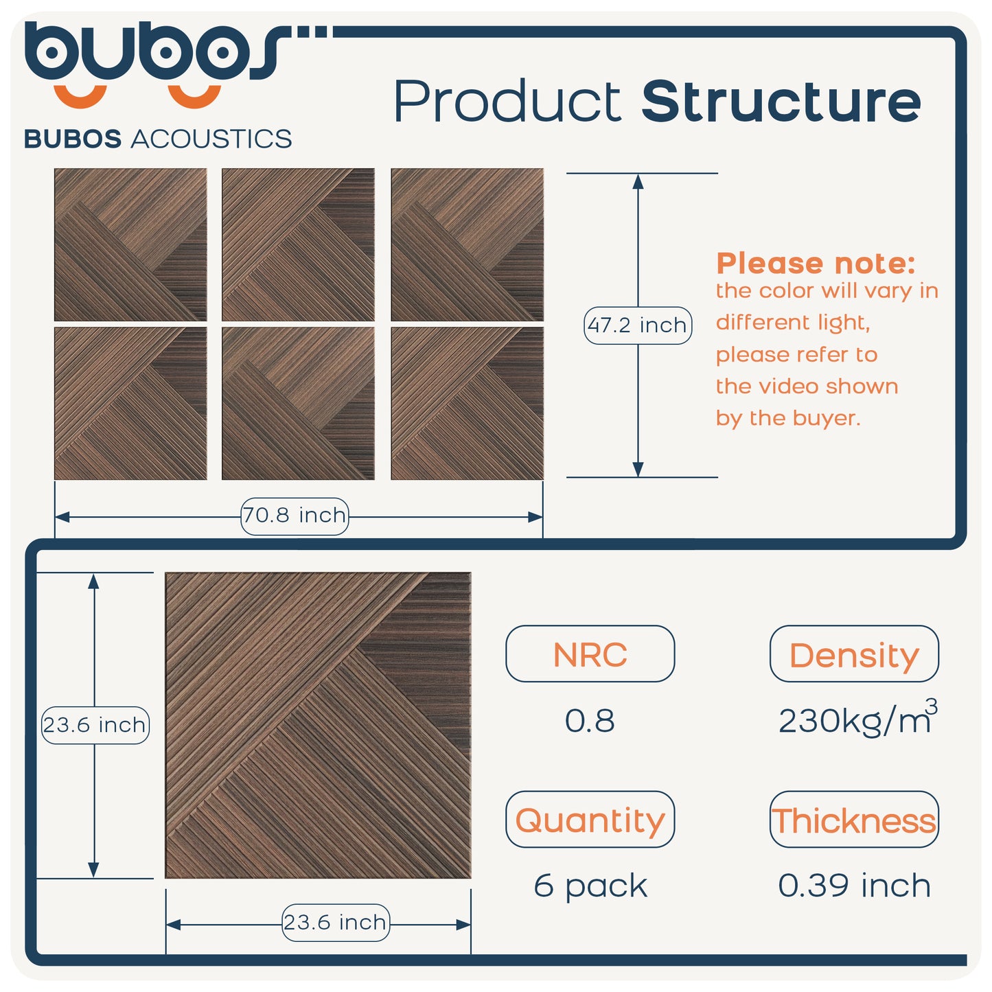 BUBOS 6 Pack Acoustic Wood Wall Panels, 23.6x23.6 Inch Sound Absorbing Tiles with Full Adhesive Backing, Decorative Peel and Stick Panels for Home Office, Living Room and Studio