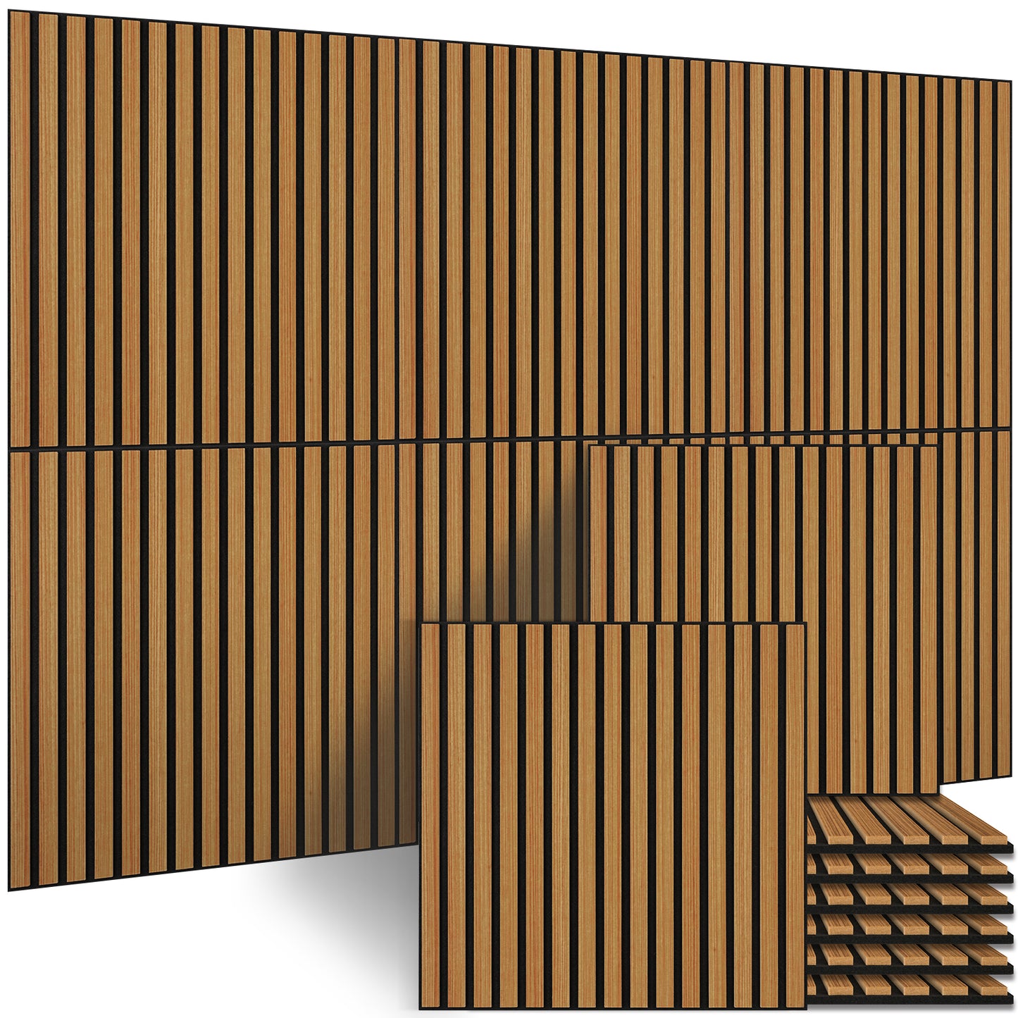BUBOS Large Acoustic Wall Panels, 6-Pack 24" x 24" x 0.7" Faux Wood Slat Sound Absorbing Panels, High-Density Soundproof Wall Decor for Recording Studio, Home Theater & Gaming Room