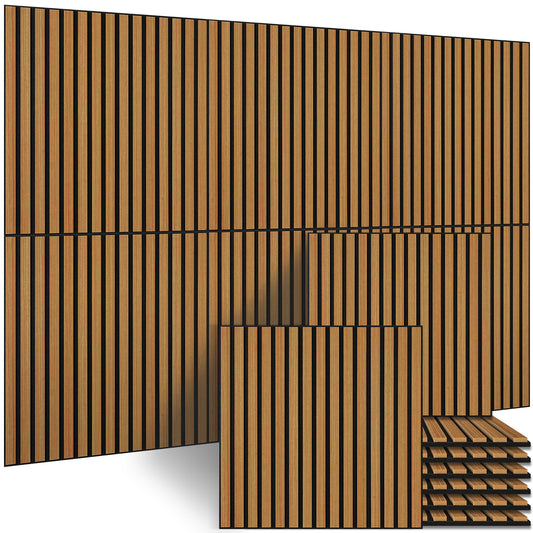 BUBOS Large Acoustic Wall Panels, 6-Pack 24" x 24" x 0.7" Faux Wood Slat Sound Absorbing Panels, High-Density Soundproof Wall Decor for Recording Studio, Home Theater & Gaming Room