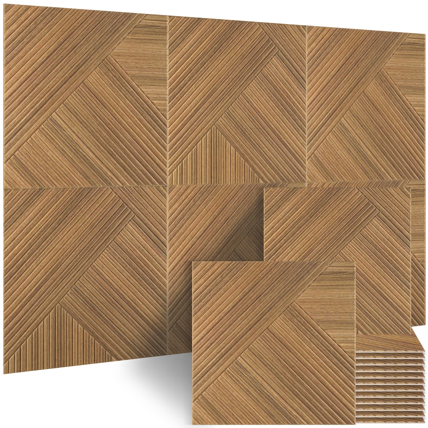 BUBOS 6 Pack Acoustic Wood Wall Panels, 23.6x23.6 Inch Sound Absorbing Tiles with Full Adhesive Backing, Decorative Peel and Stick Panels for Home Office, Living Room and Studio