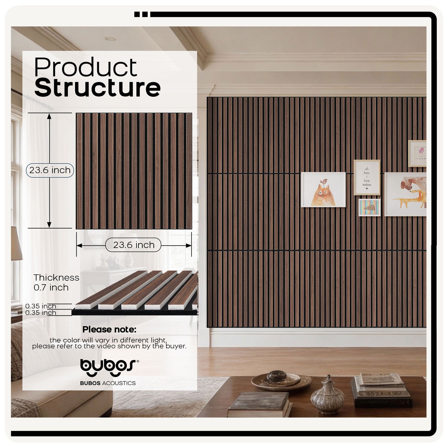 BUBOS Large Acoustic Wall Panels, 6-Pack 24" x 24" x 0.7" Faux Wood Slat Sound Absorbing Panels, High-Density Soundproof Wall Decor for Recording Studio, Home Theater & Gaming Room