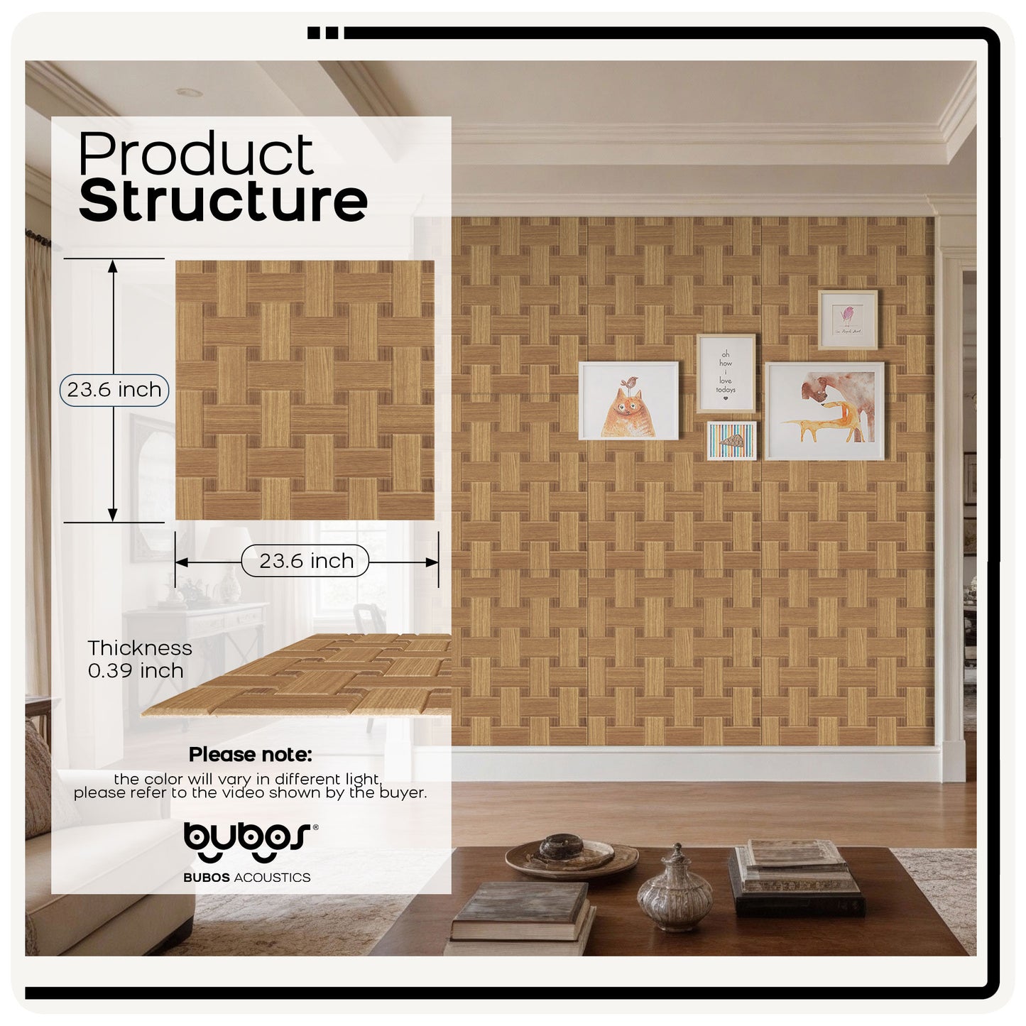 BUBOS 6 Pack Acoustic Wood Wall Panels, 23.6x23.6 Inch Sound Absorbing Tiles with Full Adhesive Backing, Decorative Peel and Stick Panels for Home Office, Living Room and Studio