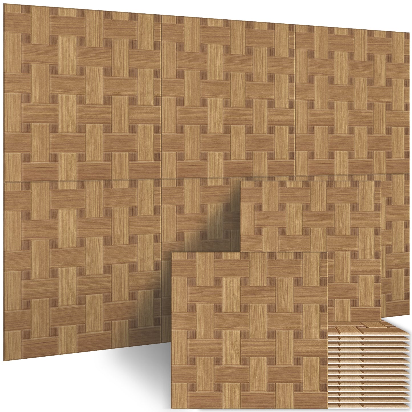 BUBOS 6 Pack Acoustic Wood Wall Panels, 23.6x23.6 Inch Sound Absorbing Tiles with Full Adhesive Backing, Decorative Peel and Stick Panels for Home Office, Living Room and Studio