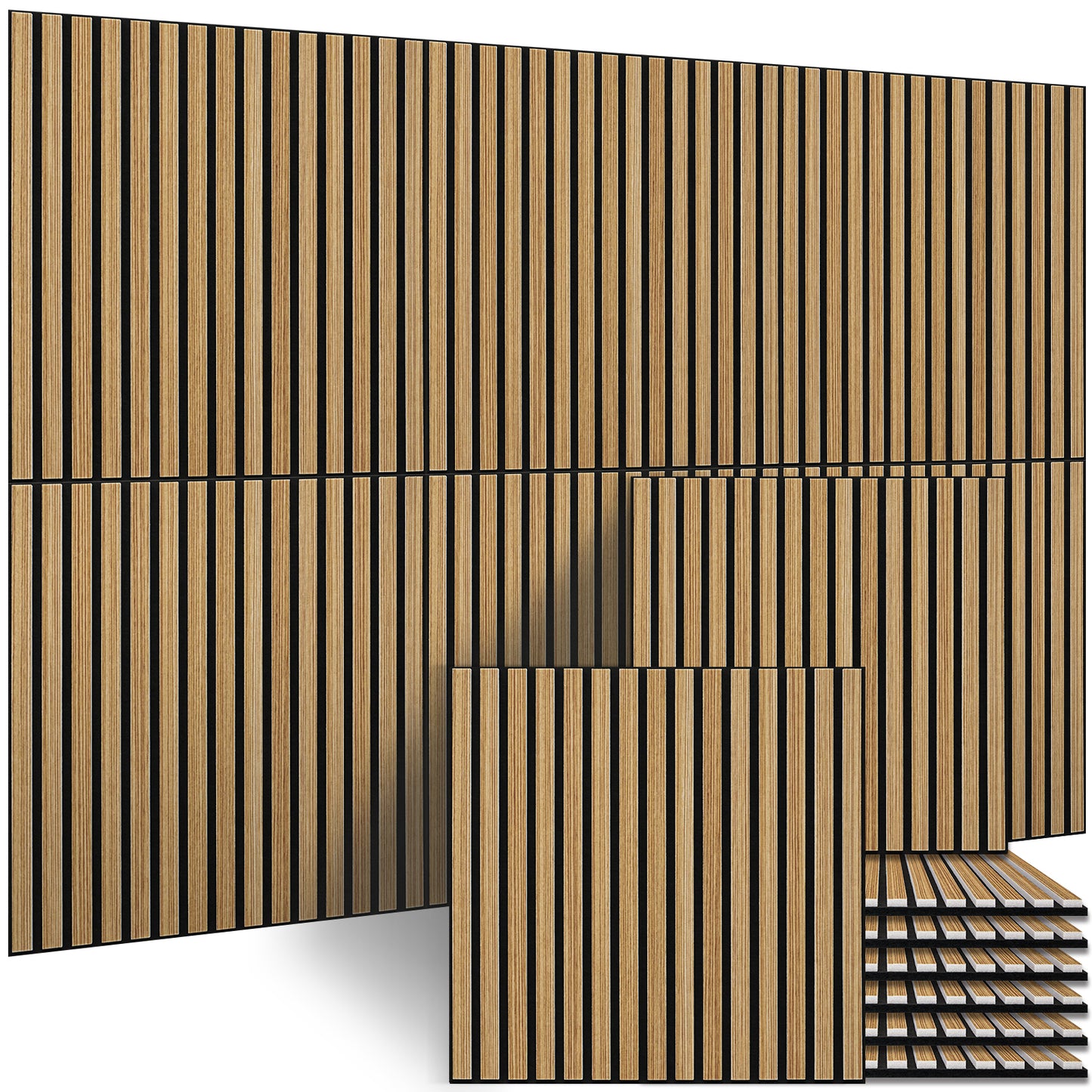 BUBOS Large Acoustic Wall Panels, 6-Pack 24" x 24" x 0.7" Faux Wood Slat Sound Absorbing Panels, High-Density Soundproof Wall Decor for Recording Studio, Home Theater & Gaming Room