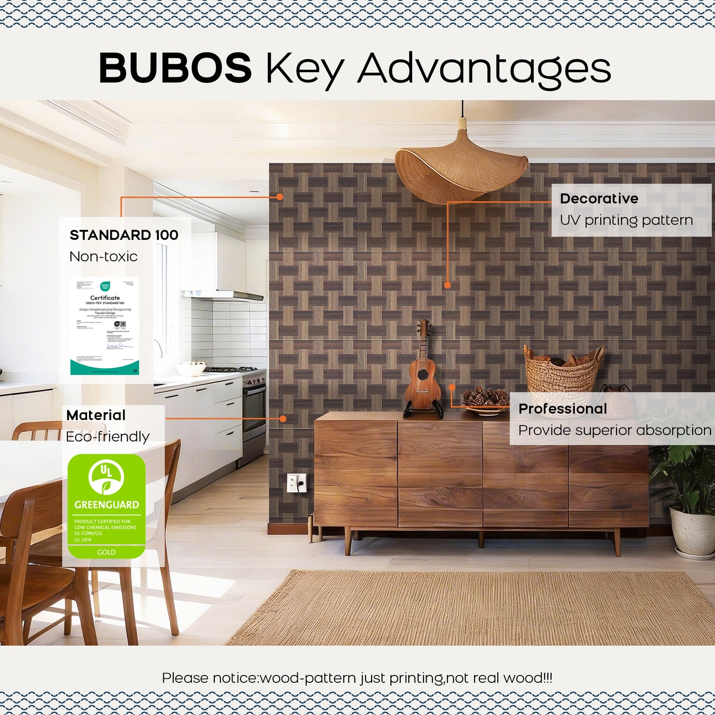BUBOS 6 Pack Acoustic Wood Wall Panels, 23.6x23.6 Inch Sound Absorbing Tiles with Full Adhesive Backing, Decorative Peel and Stick Panels for Home Office, Living Room and Studio