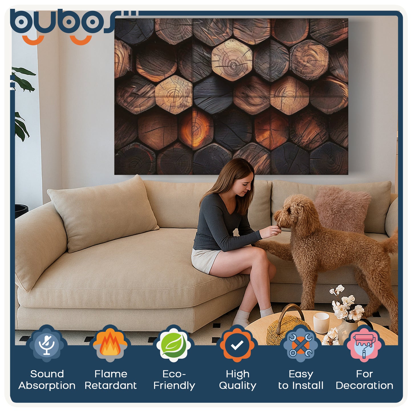 BUBOS 6 Pack Self-Adhesive Acoustic Wall Panel,70.8" x 47.2" Sound Panels Noise Reducing for Wall,Decorative Acoustic Panel Sound Absorbing,Sound Proofing Panel for Studio, Home,Office,Timber Code