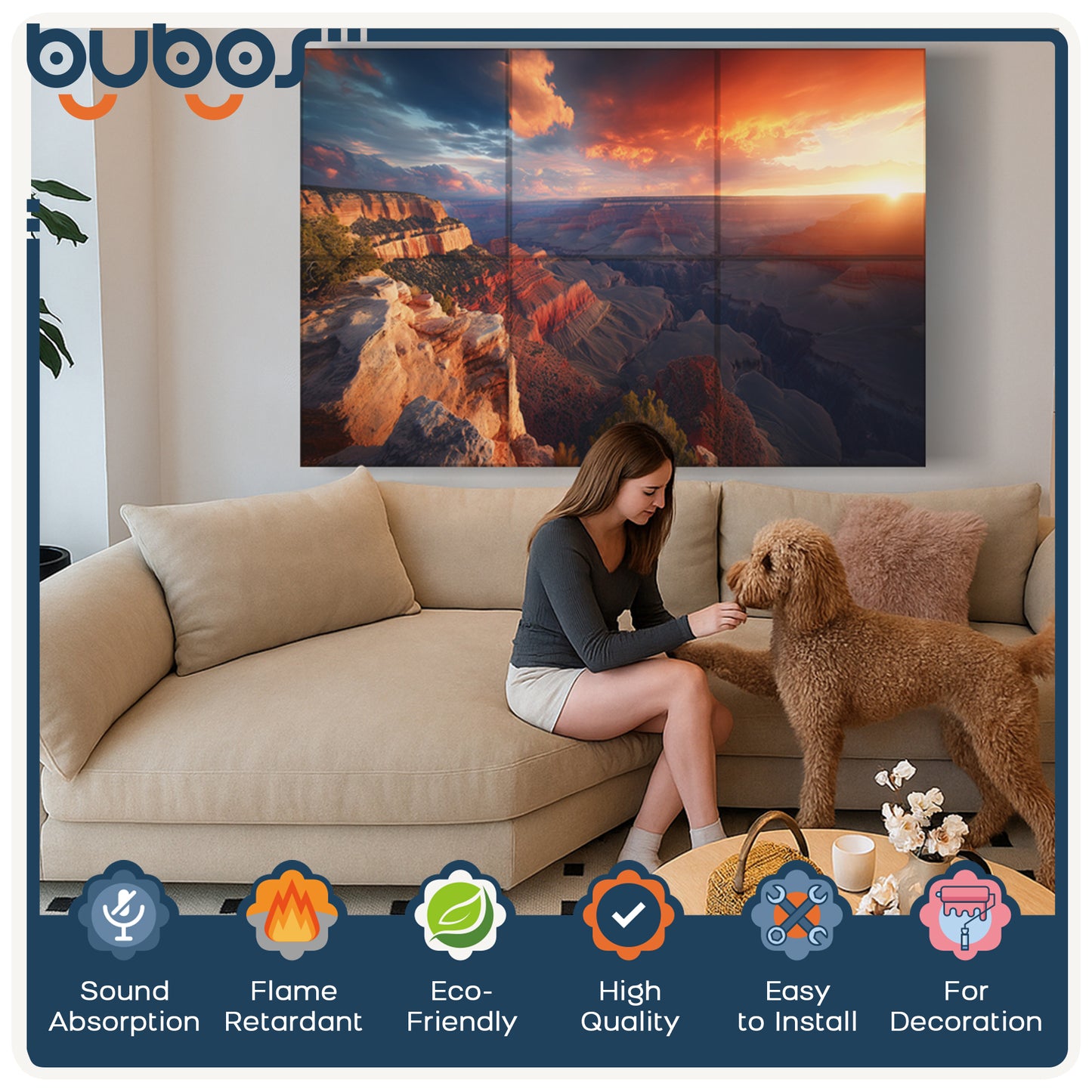 BUBOS 6 Pack Self-Adhesive Acoustic Wall Panel,70.8" x 47.2" Sound Panels Noise Reducing for Wall,Decorative Acoustic Panel Sound Absorbing,Sound Proofing Panel for Studio, Home,Office,Canyon Fire