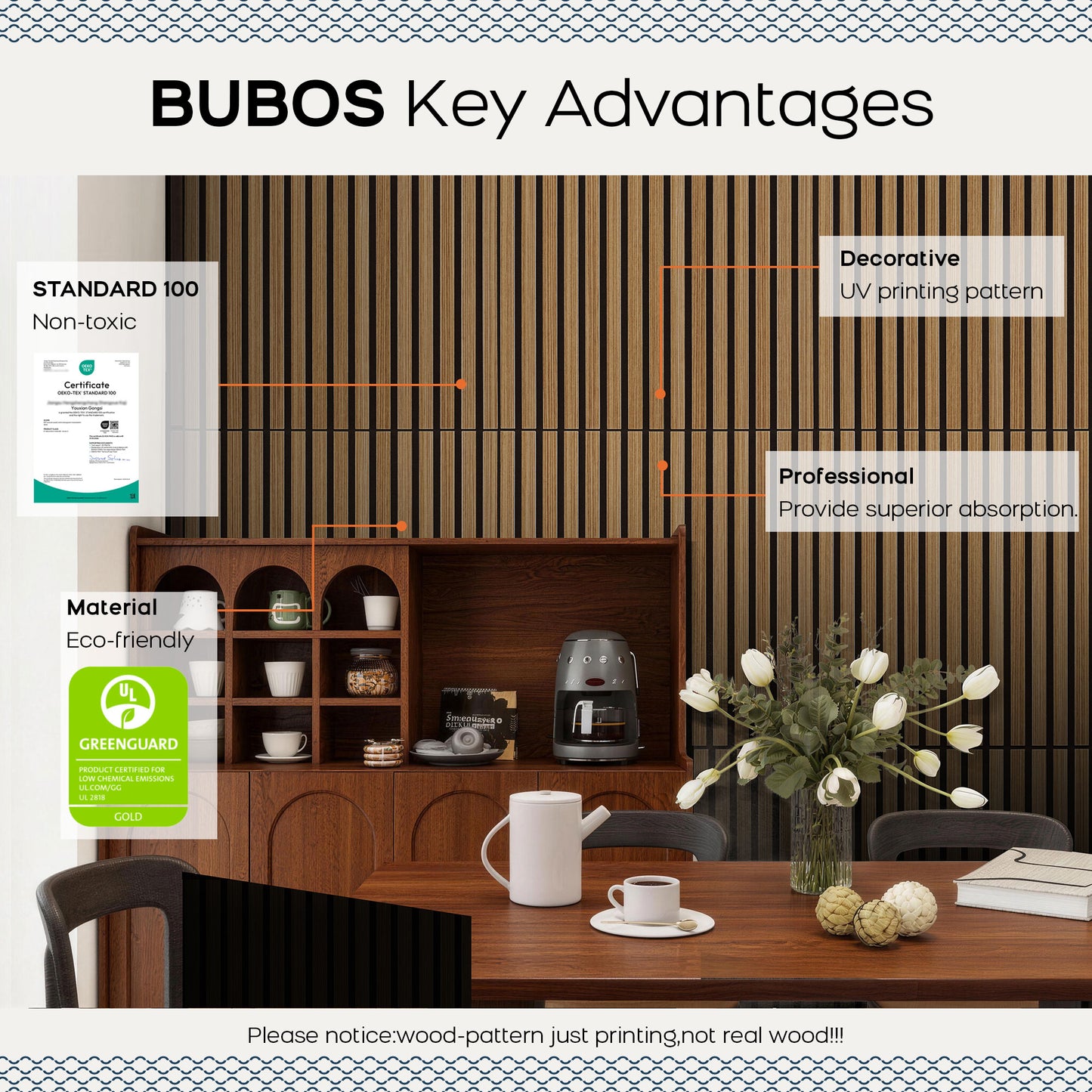 BUBOS Large Acoustic Wall Panels, 6-Pack 24" x 24" x 0.7" Faux Wood Slat Sound Absorbing Panels, High-Density Soundproof Wall Decor for Recording Studio, Home Theater & Gaming Room