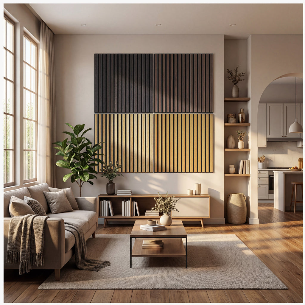BUBOS Large Acoustic Wall Panels, 6-Pack 24" x 24" x 0.7" Faux Wood Slat Sound Absorbing Panels, High-Density Soundproof Wall Decor for Recording Studio, Home Theater & Gaming Room