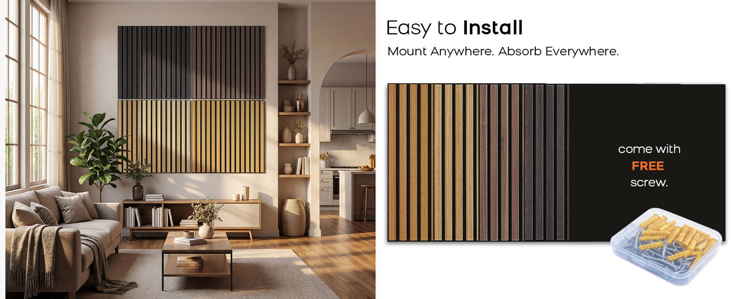 BUBOS Large Acoustic Wall Panels, 6-Pack 24" x 24" x 0.7" Faux Wood Slat Sound Absorbing Panels, High-Density Soundproof Wall Decor for Recording Studio, Home Theater & Gaming Room